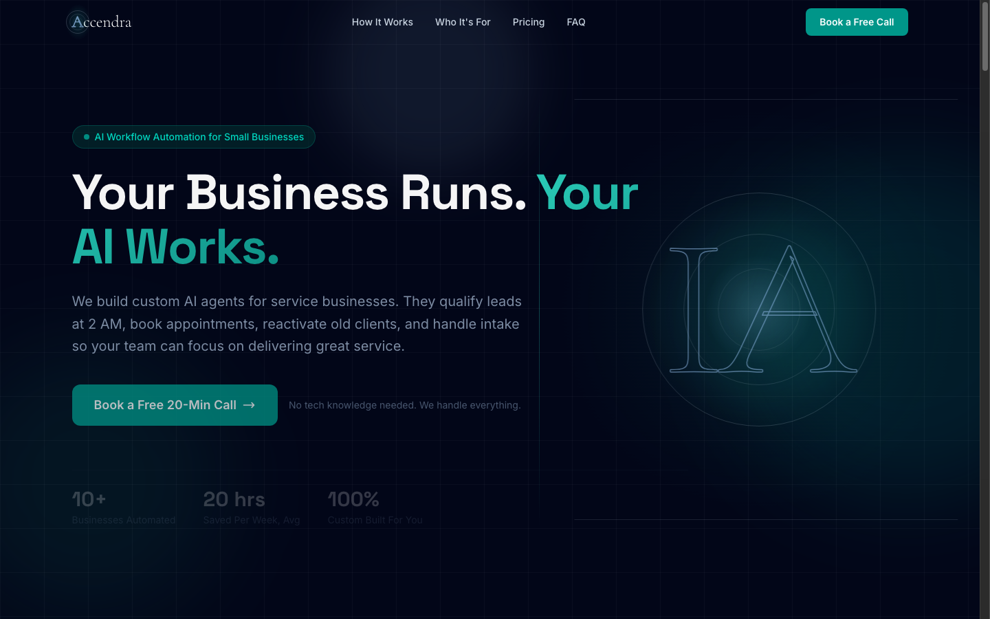 Accendra homepage — Your Business Runs. Your AI Works.